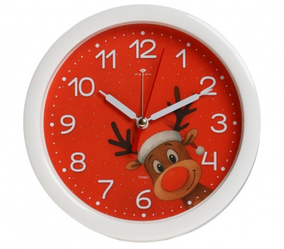 Будильник B4-051 кварц d=15см корпус белый "Новогодний олень" Рубин