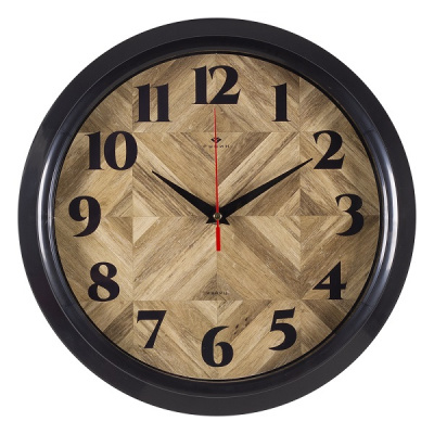3024-143 Часы настенные круг d=30см корпус черный "Текстура дерева" Рубин